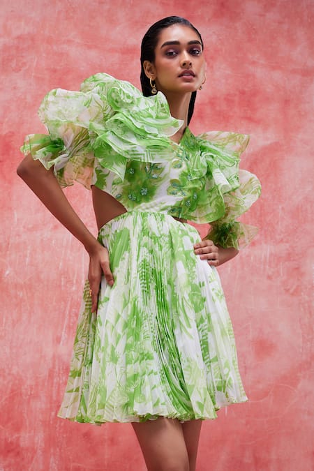 Pankaj & Nidhi Green Organza Printed And Embellished Abstract Jane & Yoke Dress 