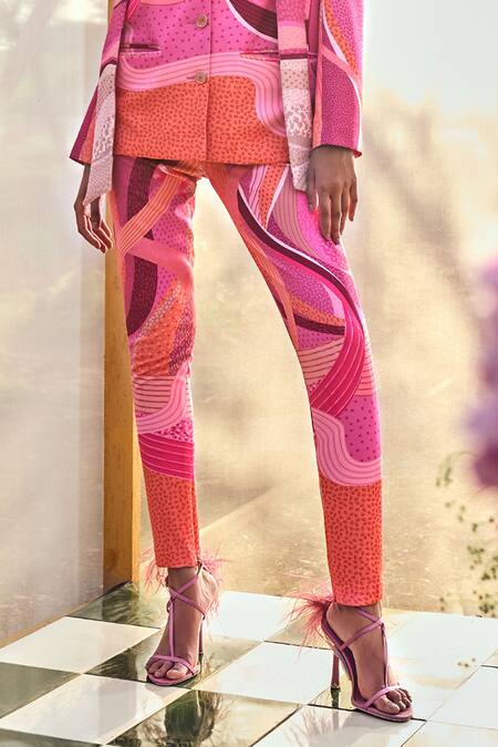 Buy_Pankaj & Nidhi_Pink Crepe Piping, Feathers Mediterranean Mosaic Blazer And Pant Set _Online_at_Aza_Fashions
