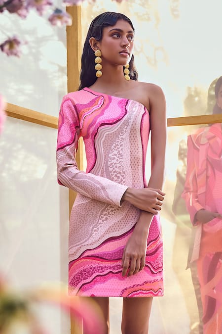 Pankaj & Nidhi Pink Neoprene Printed Mediterranean Mosaic Will One Shoulder Dress 