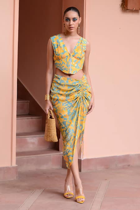 Buy Yellow Crepe Floral V Neck Pineapple Corset Top And Skirt Co