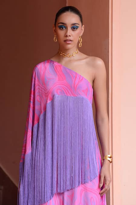 Rishi and Vibhuti_Purple Crepe Fringe Asymmetric Sangaria Tassel Embroidered Dress _Online_at_Aza_Fashions