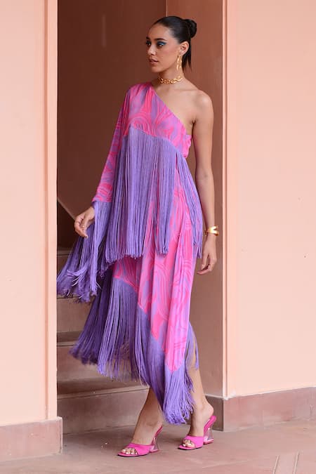 Buy_Rishi and Vibhuti_Purple Crepe Fringe Asymmetric Sangaria Tassel Embroidered Dress _Online_at_Aza_Fashions