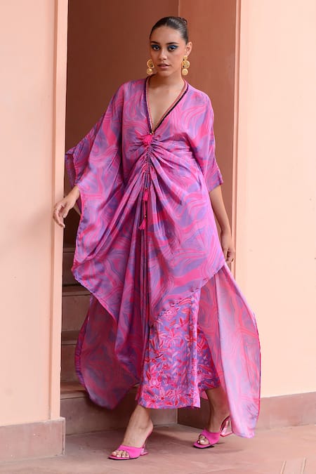 Rishi and Vibhuti_Purple Plunge Neck Lilac Wave Print Kaftan And Pant Set _Online_at_Aza_Fashions