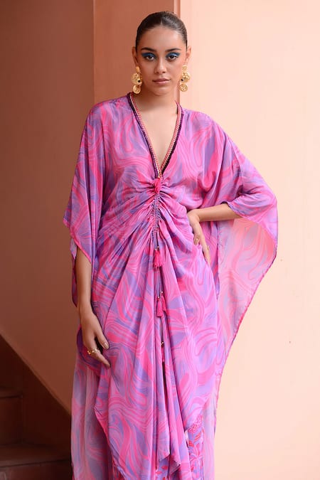 Buy_Rishi and Vibhuti_Purple Plunge Neck Lilac Wave Print Kaftan And Pant Set _Online_at_Aza_Fashions