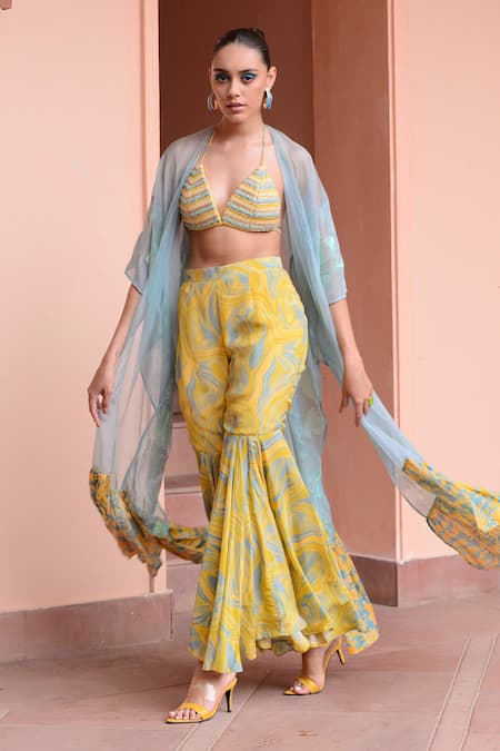 Shop_Rishi and Vibhuti_Blue Crepe, Georgette Embroidery V-neck Buttercup Cape And Swirl Print Sharara Set_Online_at_Aza_Fashions