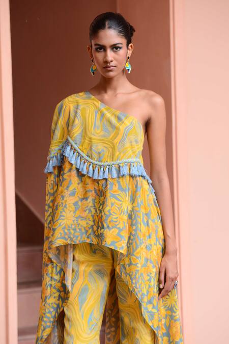 Rishi and Vibhuti_Yellow Crepe Tassels, Embroidery Asymmetric Maze Floral Print Tunic With Pant_Online_at_Aza_Fashions