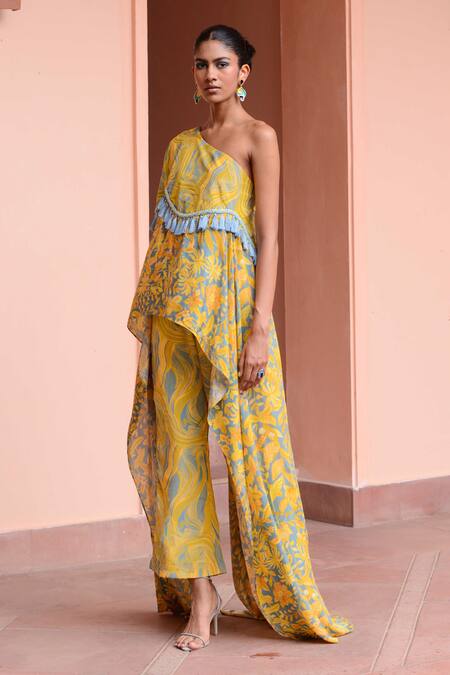 Buy_Rishi and Vibhuti_Yellow Crepe Tassels, Embroidery Asymmetric Maze Floral Print Tunic With Pant_Online_at_Aza_Fashions