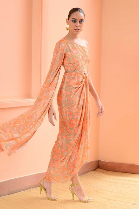 Rishi and Vibhuti Green Crepe Embroidery One Shoulder Sorbet Floral Print Draped Dress Online at Aza Fashions Rishi and Vibhuti_Green Crepe Embroidery One Shoulder Sorbet Floral Print Draped Dress _Online_at_Aza_Fashions