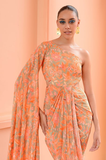 Buy Rishi and Vibhuti Green Crepe Embroidery One Shoulder Sorbet Floral Print Draped Dress Online at Aza Fashions Buy_Rishi and Vibhuti_Green Crepe Embroidery One Shoulder Sorbet Floral Print Draped Dress _Online_at_Aza_Fashions