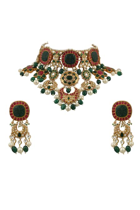 Shop Riana Jewellery Gold Plated Pearls, Diamonds, Stones Floral Choker Set at Aza Fashions Shop_Riana Jewellery_Gold Plated Pearls, Diamonds, Stones Floral Choker Set _at_Aza_Fashions