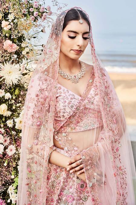 Sanjana Thakur_Pink Silk, Nylon Pearls, Zari V-neck And Resham Embroidered Bridal Lehenga Set _at_Aza_Fashions