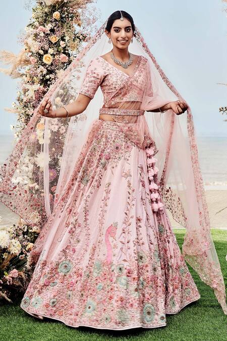 Buy_Sanjana Thakur_Pink Silk, Nylon Pearls, Zari V-neck And Resham Embroidered Bridal Lehenga Set _Online_at_Aza_Fashions