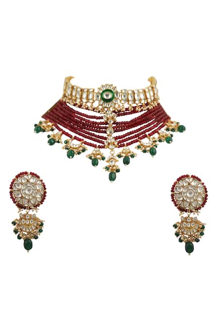 Shop_Riana Jewellery_Gold Plated Pearls, Diamonds, Stones Multi Beaded Layered Choker Set _at_Aza_Fashions