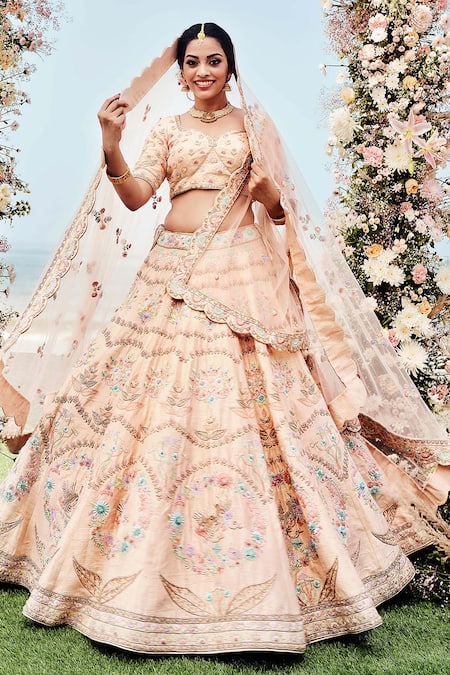 Odette Women Peach Embroidered Semi Stitched Lehenga With Unstitched B