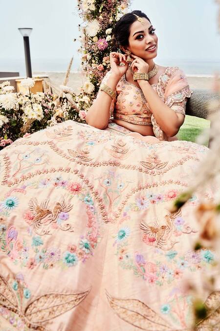 Buy Sanjana Thakur Peach Pure Raw Silk Embroidered Zardozi Sweetheart Resham And Bridal Lehenga Set Buy_Sanjana Thakur_Peach Pure Raw Silk Embroidered Zardozi Sweetheart Resham And Bridal Lehenga Set