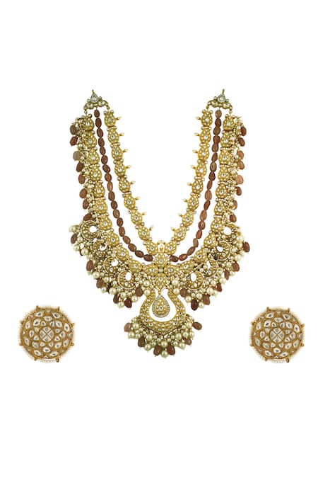 Shop Riana Jewellery Gold Plated Pearls, Glitter, Stones Jadtar Encrusted Necklace Set at Aza Fashions Shop_Riana Jewellery_Gold Plated Pearls, Glitter, Stones Jadtar Encrusted Necklace Set _at_Aza_Fashions