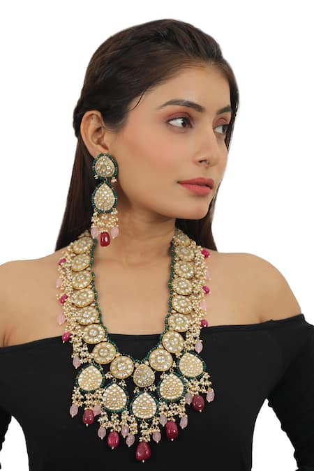 Riana Jewellery Gold Plated Pearls Jadtar Stone Embellished Necklace Set 