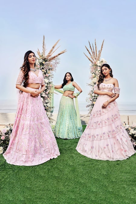 Sanjana Thakur_Pink Organza, Viscose Pearls, Sequins Floral Off Shoulder Layered Gown For Kids_at_Aza_Fashions