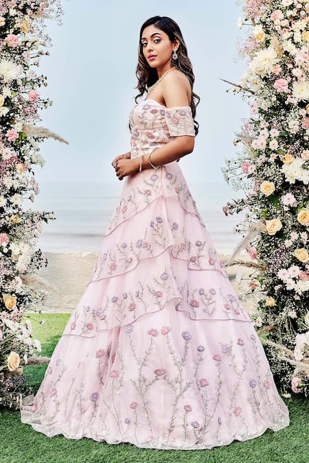 Buy_Sanjana Thakur_Pink Organza, Viscose Pearls, Sequins Floral Off Shoulder Layered Gown For Kids