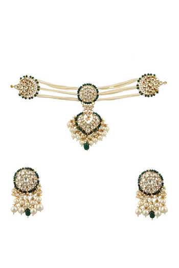 Shop Riana Jewellery Gold Plated Pearls, Stones Pendant Drop Choker Set at Aza Fashions Shop_Riana Jewellery_Gold Plated Pearls, Stones Pendant Drop Choker Set _at_Aza_Fashions