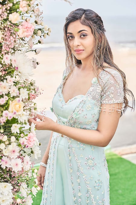 Buy Sanjana Thakur Green Nylon, Silk Beads, Embroidery, Cut Work, Zari, Sequins Jacket Sharara Set Buy_Sanjana Thakur_Green Nylon, Silk Beads, Embroidery, Cut Work, Zari, Sequins Jacket Sharara Set