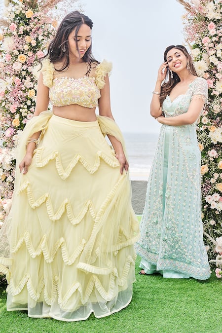 Sanjana Thakur Yellow Nylon, Viscose Sequins, Embroidery Sweetheart Ruffled Lehenga Blouse Set at Aza Fashions Sanjana Thakur_Yellow Nylon, Viscose Sequins, Embroidery Sweetheart Ruffled Lehenga Blouse Set _at_Aza_Fashions