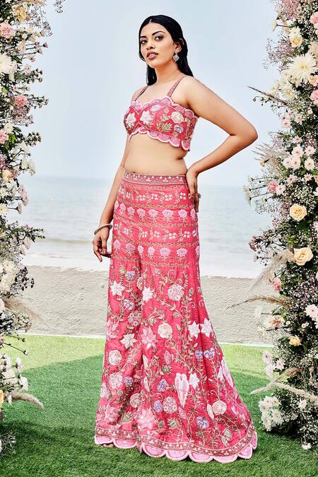 Buy_Sanjana Thakur_Pink Pure Raw Silk Embroidered Aari Sharara Jacket Set For Kids