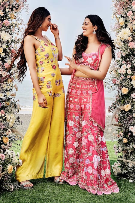 Shop Sanjana Thakur Yellow Silk Embroidery, Sequins V-neck Floral Zardozi Jumpsuit Shop_Sanjana Thakur_Yellow Silk Embroidery, Sequins V-neck Floral Zardozi Jumpsuit