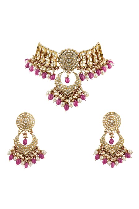 Shop Riana Jewellery Gold Plated Pearls Jadtar Stone Encrusted Choker Set at Aza Fashions Shop_Riana Jewellery_Gold Plated Pearls Jadtar Stone Encrusted Choker Set _at_Aza_Fashions