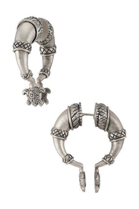 Shop Masaba Silver Plated Tribal Turtle Grip Earrings at Aza Fashions Shop_Masaba_Silver Plated Tribal Turtle Grip Earrings_at_Aza_Fashions
