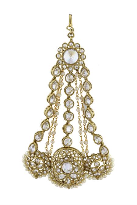 Shop Kista Gold Plated Stoned And Pearl Encrusted & Kundan Embellished Passa at Aza Fashions Shop_Kista_Gold Plated Stoned And Pearl Encrusted & Kundan Embellished Passa_at_Aza_Fashions