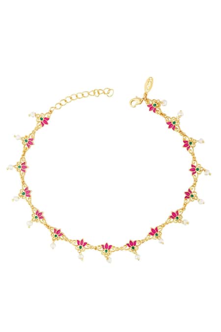 Shop_Zariin_Green Pearls Lotus Motif Anklet - Set Of 2 _at_Aza_Fashions