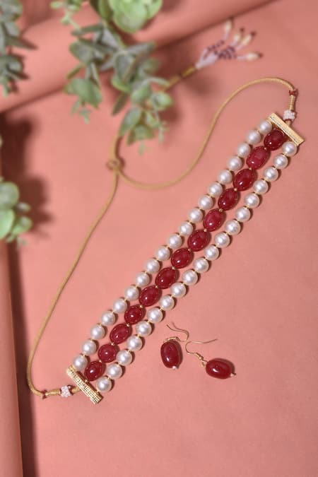 Shop Swabhimann Red Stones Embellished Choker Necklace Set at Aza Fashions Shop_Swabhimann_Red Stones Embellished Choker Necklace Set _at_Aza_Fashions