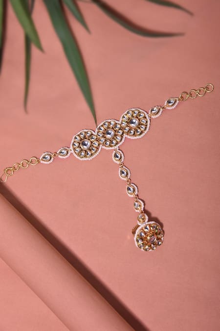 Shop Swabhimann Gold Plated Diamonds, Pearls Kundan Embellished Hathphool at Aza Fashions Shop_Swabhimann_Gold Plated Diamonds, Pearls Kundan Embellished Hathphool _at_Aza_Fashions