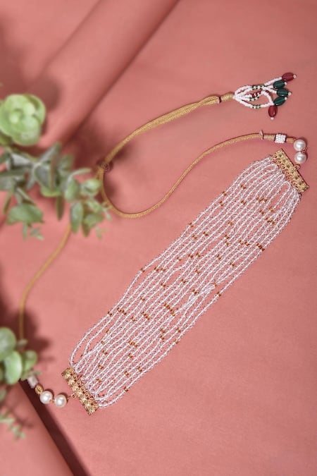 Shop Swabhimann White Gold Tone Multi Layered Choker Necklace at Aza Fashions Shop_Swabhimann_White Gold Tone Multi Layered Choker Necklace _at_Aza_Fashions