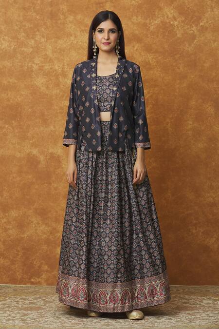 Buy_Samyukta Singhania_Black Floral Blouse Round, Jacket Lapel Collar Blossom Print Lehenga Set_Online_at_Aza_Fashions