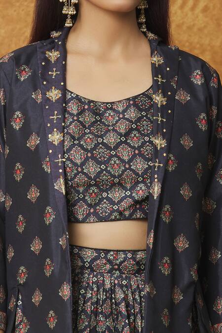 Samyukta Singhania_Black Floral Blouse Round, Jacket Lapel Collar Blossom Print Lehenga Set_at_Aza_Fashions
