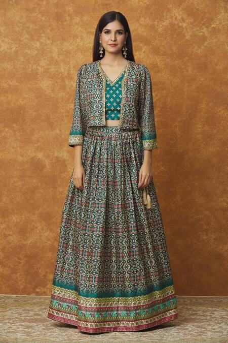 Buy_Samyukta Singhania_Multi Color Denim Embroidery Geometric Cropped Jacket Lehenga Set_Online_at_Aza_Fashions