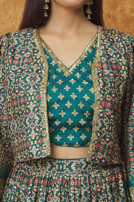 Shop_Samyukta Singhania_Multi Color Denim Embroidery Geometric Cropped Jacket Lehenga Set_Online_at_Aza_Fashions