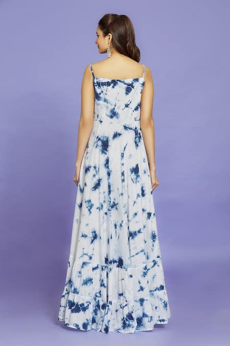 Shop Naintara Bajaj Blue Cotton Square Neck Shibori Pattern Maxi Dress at Aza Fashions Shop_Naintara Bajaj_Blue Cotton Square Neck Shibori Pattern Maxi Dress _at_Aza_Fashions