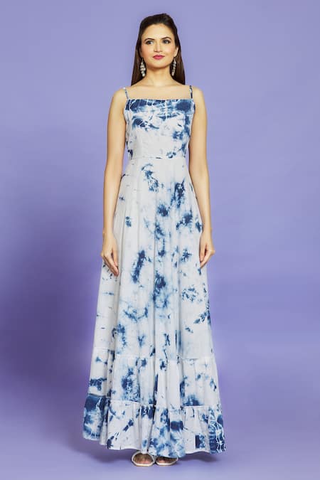 Naintara Bajaj Blue Cotton Square Neck Shibori Pattern Maxi Dress Online at Aza Fashions Naintara Bajaj_Blue Cotton Square Neck Shibori Pattern Maxi Dress _Online_at_Aza_Fashions