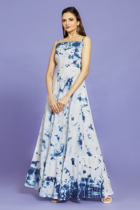 Shop Naintara Bajaj Blue Cotton Square Neck Shibori Pattern Maxi Dress Online at Aza Fashions Shop_Naintara Bajaj_Blue Cotton Square Neck Shibori Pattern Maxi Dress _Online_at_Aza_Fashions