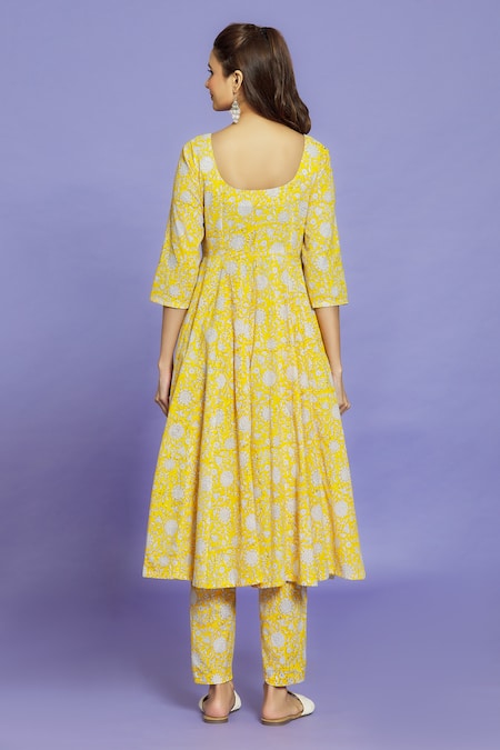 Shop Naintara Bajaj Yellow Cotton Round Neck Floral Block Print Anarkali Pant Set at Aza Fashions Shop_Naintara Bajaj_Yellow Cotton Round Neck Floral Block Print Anarkali Pant Set _at_Aza_Fashions