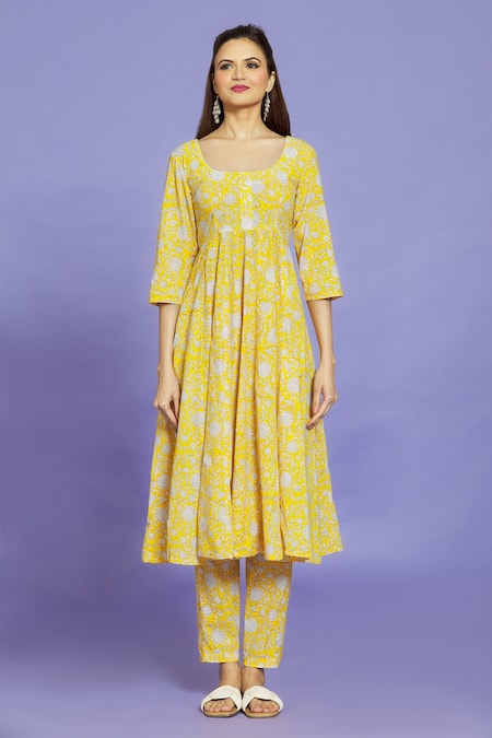 Naintara Bajaj Yellow Cotton Round Neck Floral Block Print Anarkali Pant Set Online at Aza Fashions Naintara Bajaj_Yellow Cotton Round Neck Floral Block Print Anarkali Pant Set _Online_at_Aza_Fashions