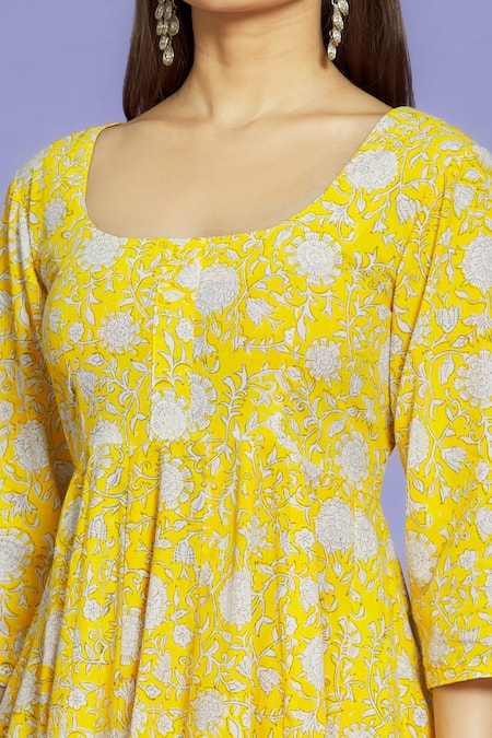 Buy Naintara Bajaj Yellow Cotton Round Neck Floral Block Print Anarkali Pant Set Online at Aza Fashions Buy_Naintara Bajaj_Yellow Cotton Round Neck Floral Block Print Anarkali Pant Set _Online_at_Aza_Fashions