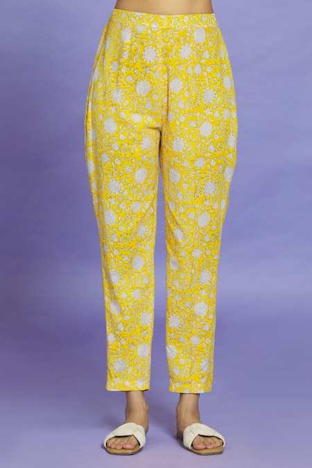 Shop Naintara Bajaj Yellow Cotton Round Neck Floral Block Print Anarkali Pant Set Online at Aza Fashions Shop_Naintara Bajaj_Yellow Cotton Round Neck Floral Block Print Anarkali Pant Set _Online_at_Aza_Fashions