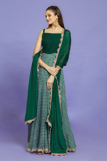 Shop Samyukta Singhania Grey Cotton, Chiffon Lace, Embroidery Leheriya Pattern Anarkali With Dupatta Online at Aza Fashions Shop_Samyukta Singhania_Grey Cotton, Chiffon Lace, Embroidery Leheriya Pattern Anarkali With Dupatta_Online_at_Aza_Fashions