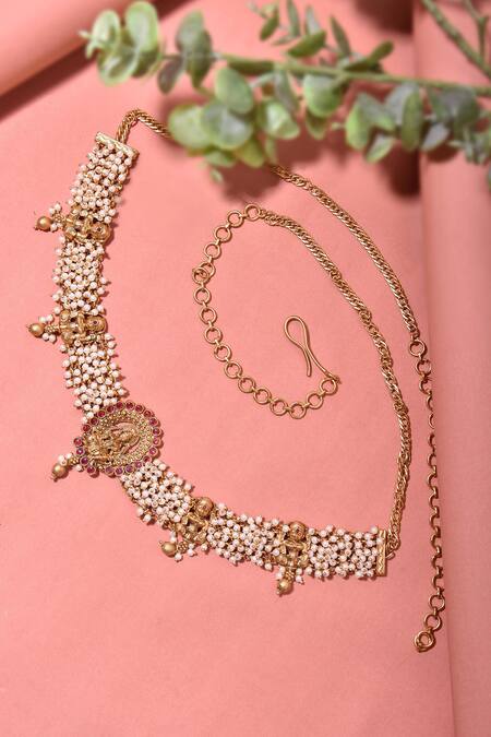 Shop_Swabhimann_Multi Color Pearls And Stone Embellished Temple Pattern Kamarbandh_at_Aza_Fashions