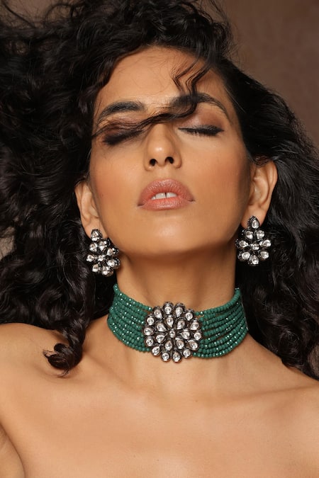 Swabhimann Green Diamonds, Stones Kundan And Bead Embellished Necklace Set