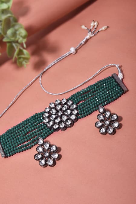 Shop Swabhimann Green Diamonds, Stones Kundan And Bead Embellished Necklace Set at Aza Fashions Shop_Swabhimann_Green Diamonds, Stones Kundan And Bead Embellished Necklace Set _at_Aza_Fashions